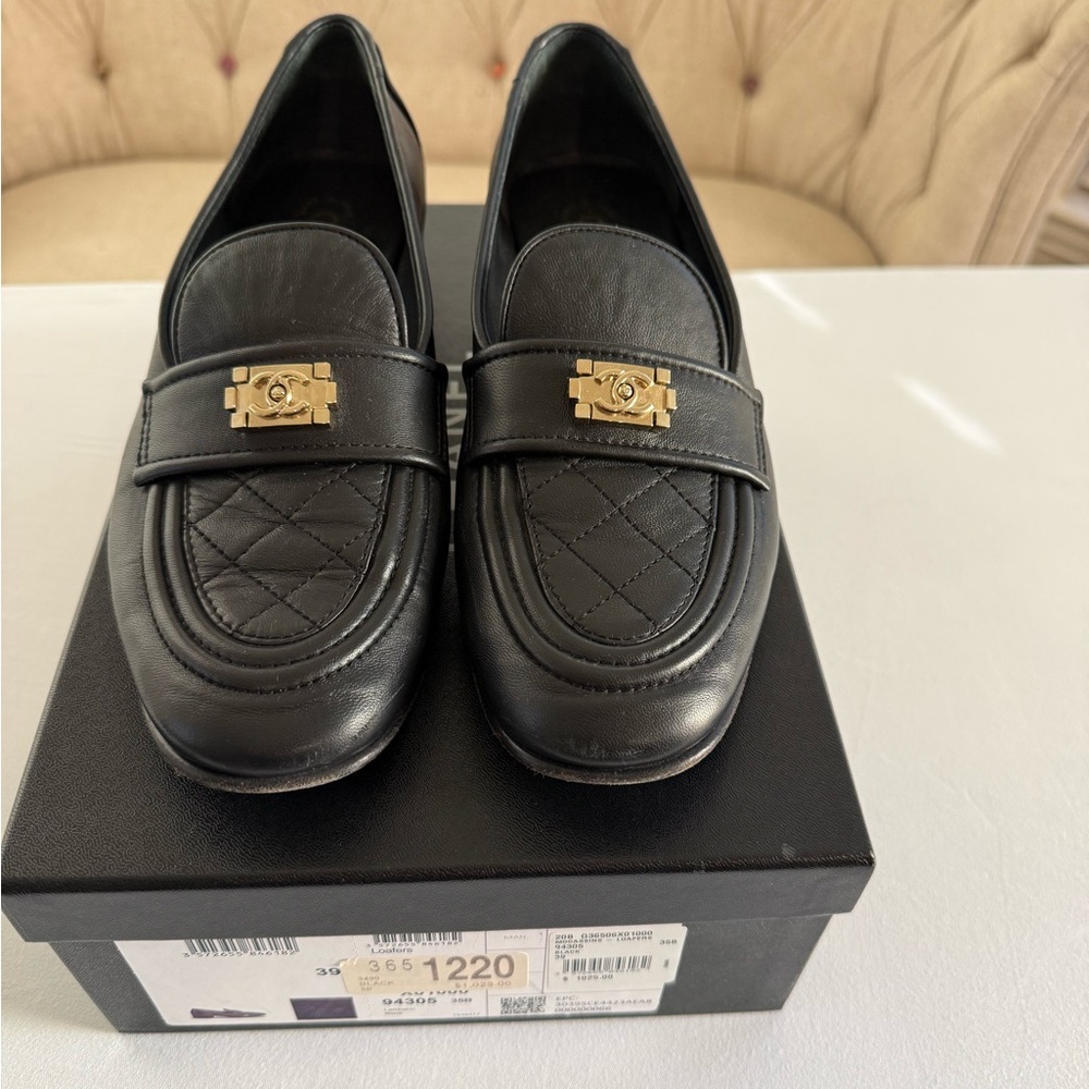 CHANEL Black Loafers with Gold Accent